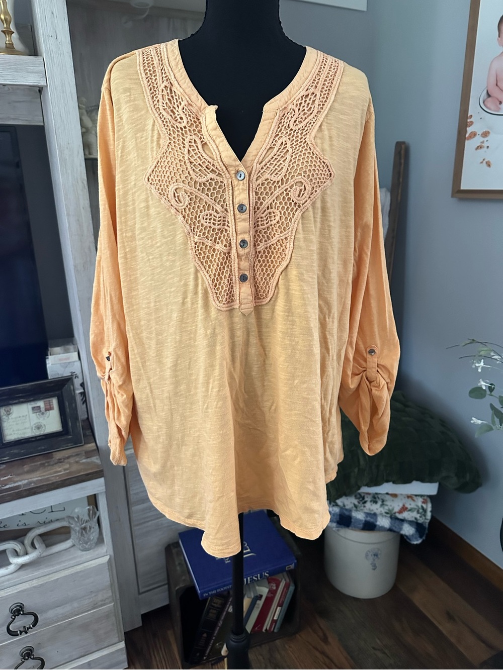 Style & Co. Peach Crochet-Yoke Henley Tunic